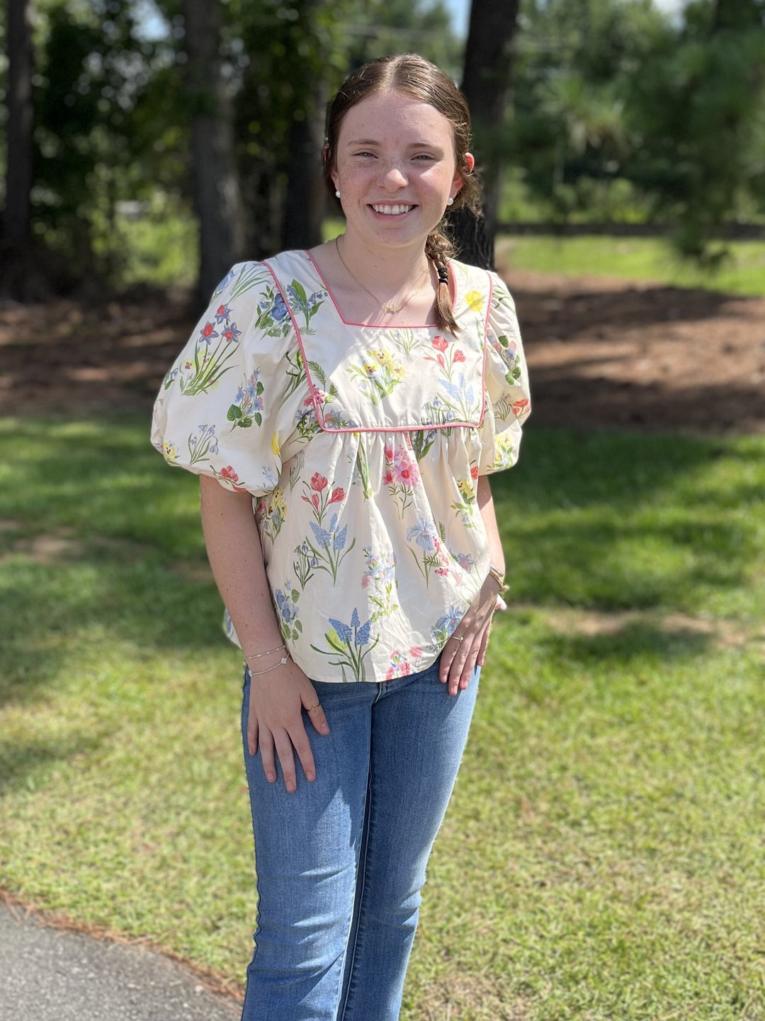Hayden La Floral Puff Sleeve Top-  Ivory