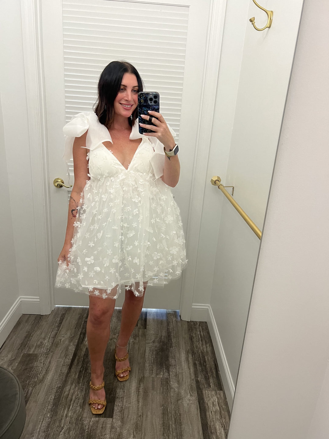 White Flower Bow Sleeve Dress