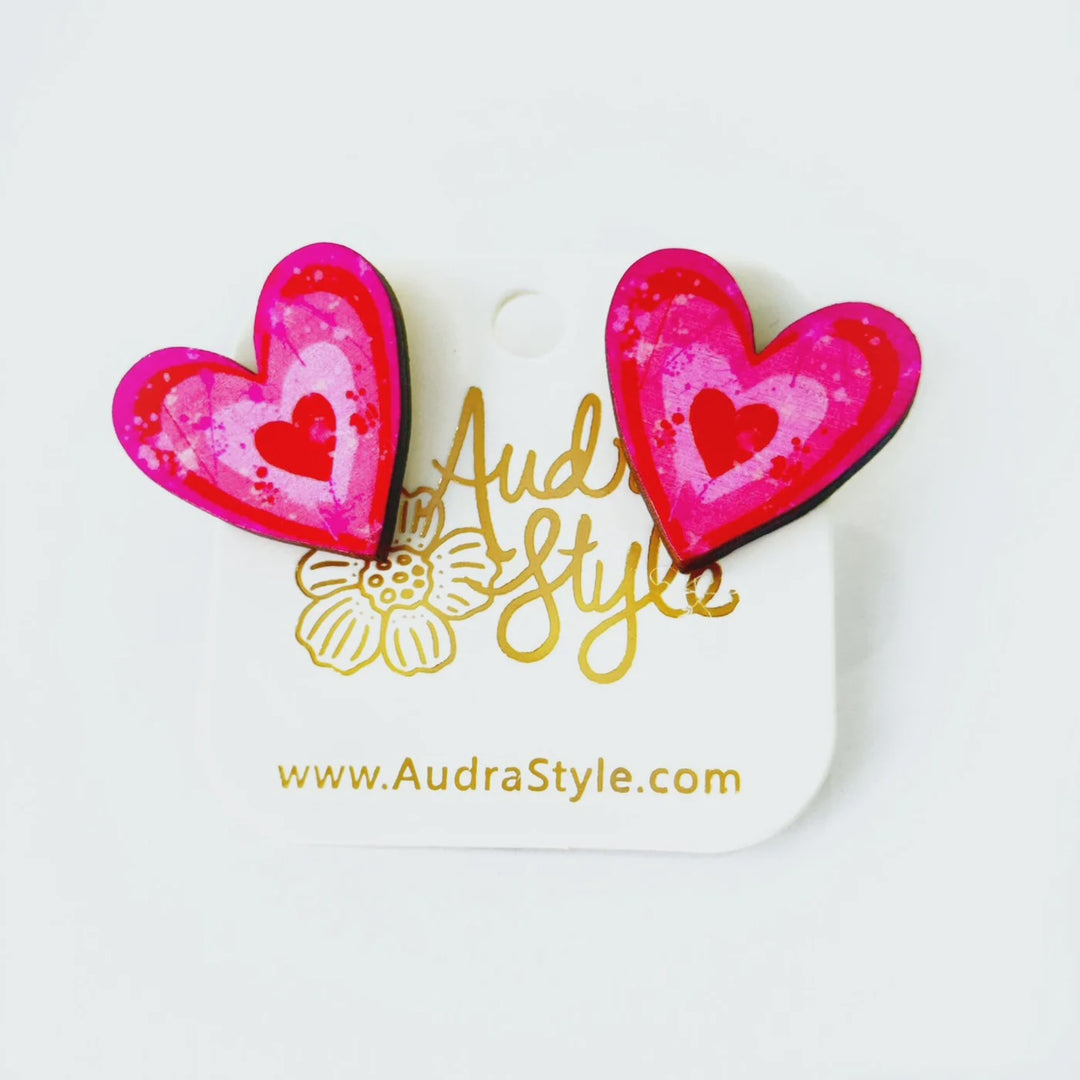 Audra Style Valentine's Day Heart Stud Earrings - Pink Red