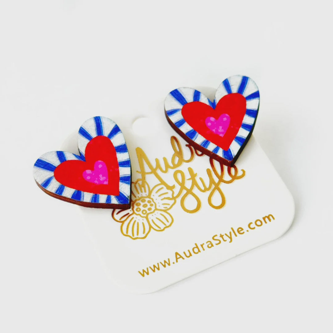 Audra Style Valentine's Day Heart Stud Earrings - Red and Blue