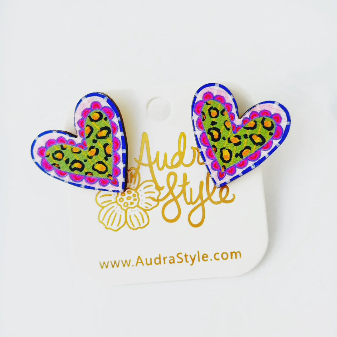Audra Style Valentine's Day Heart Stud Earrings - Green Pink Cheetah