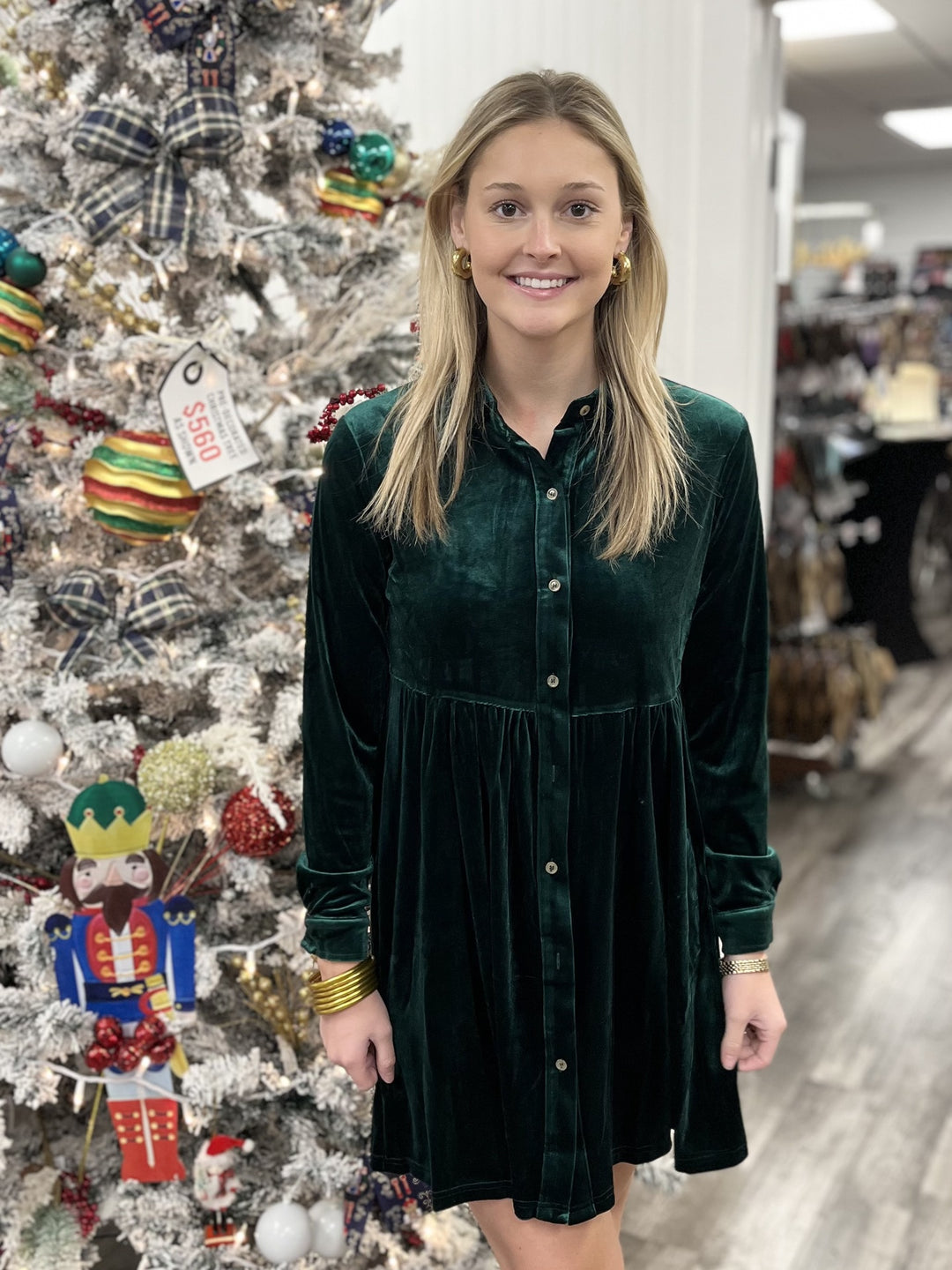 Dark Green Velvet Button Up Long Sleeve Dress