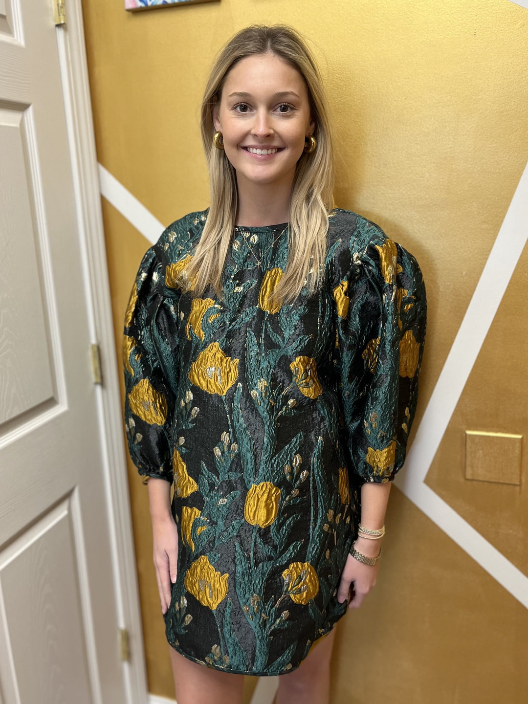 Before You Green and Gold 3/4 Sleeve Dress