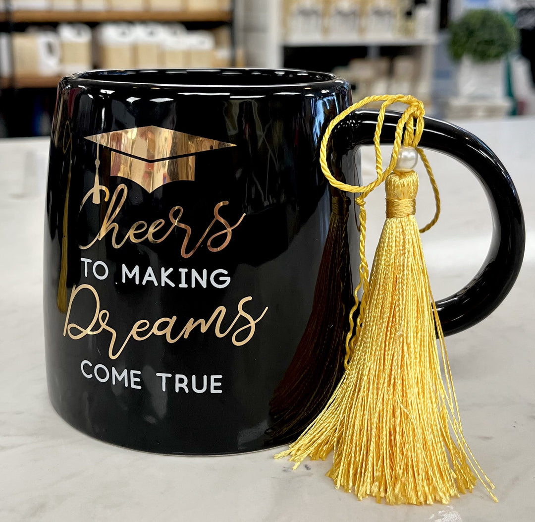 Cheers To Making Dreams Come True Black & Gold Mug with Tassel