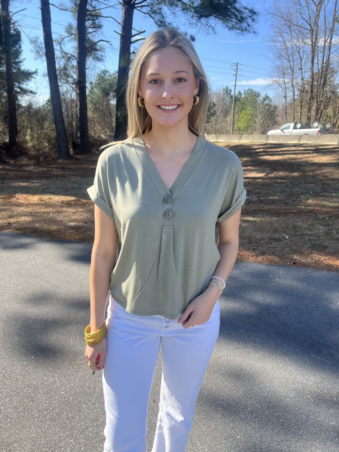 Marble Green Half Button Short Sleeve V-Neck Shirt