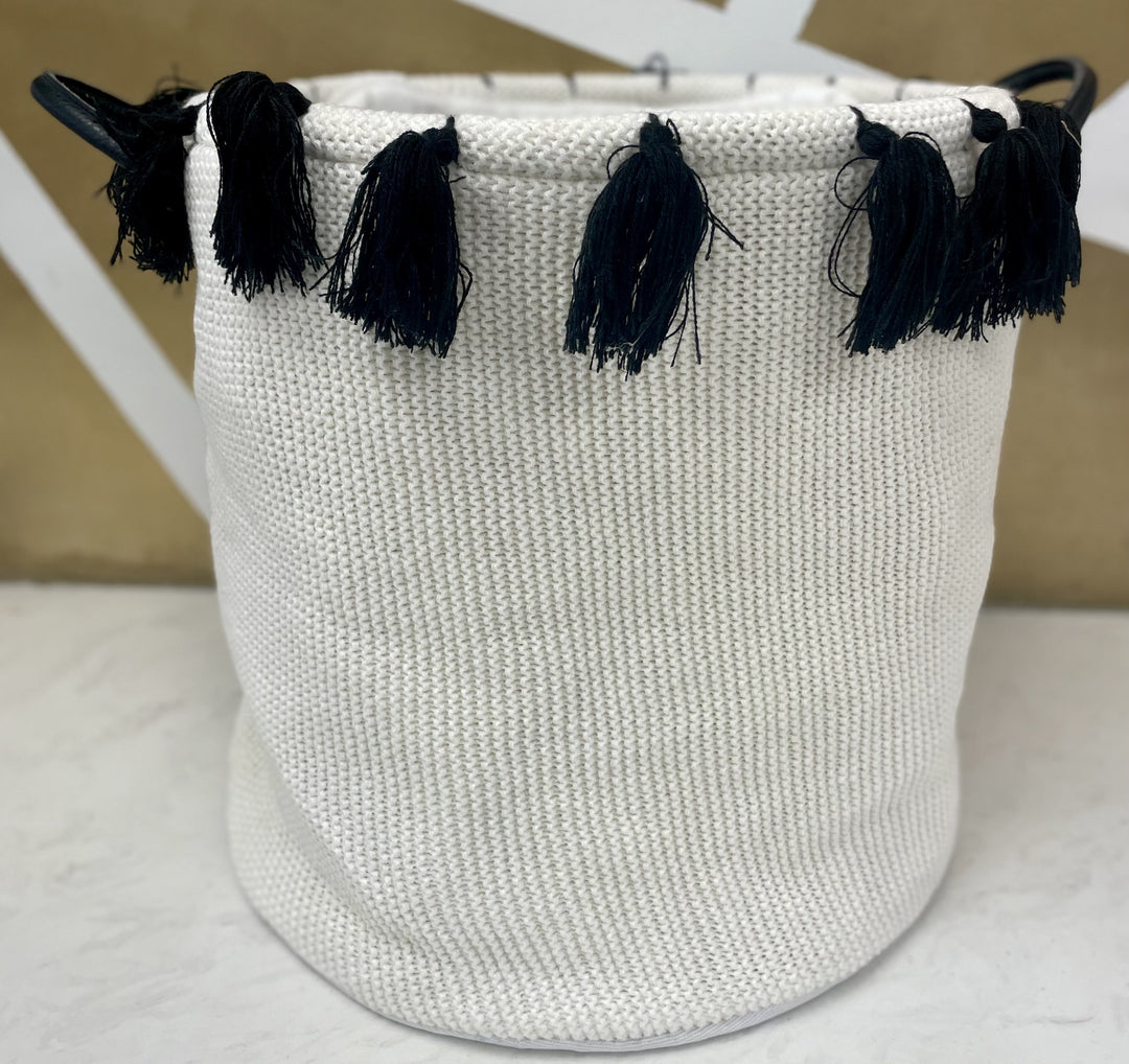 Woven White and Black Basket with Tassels