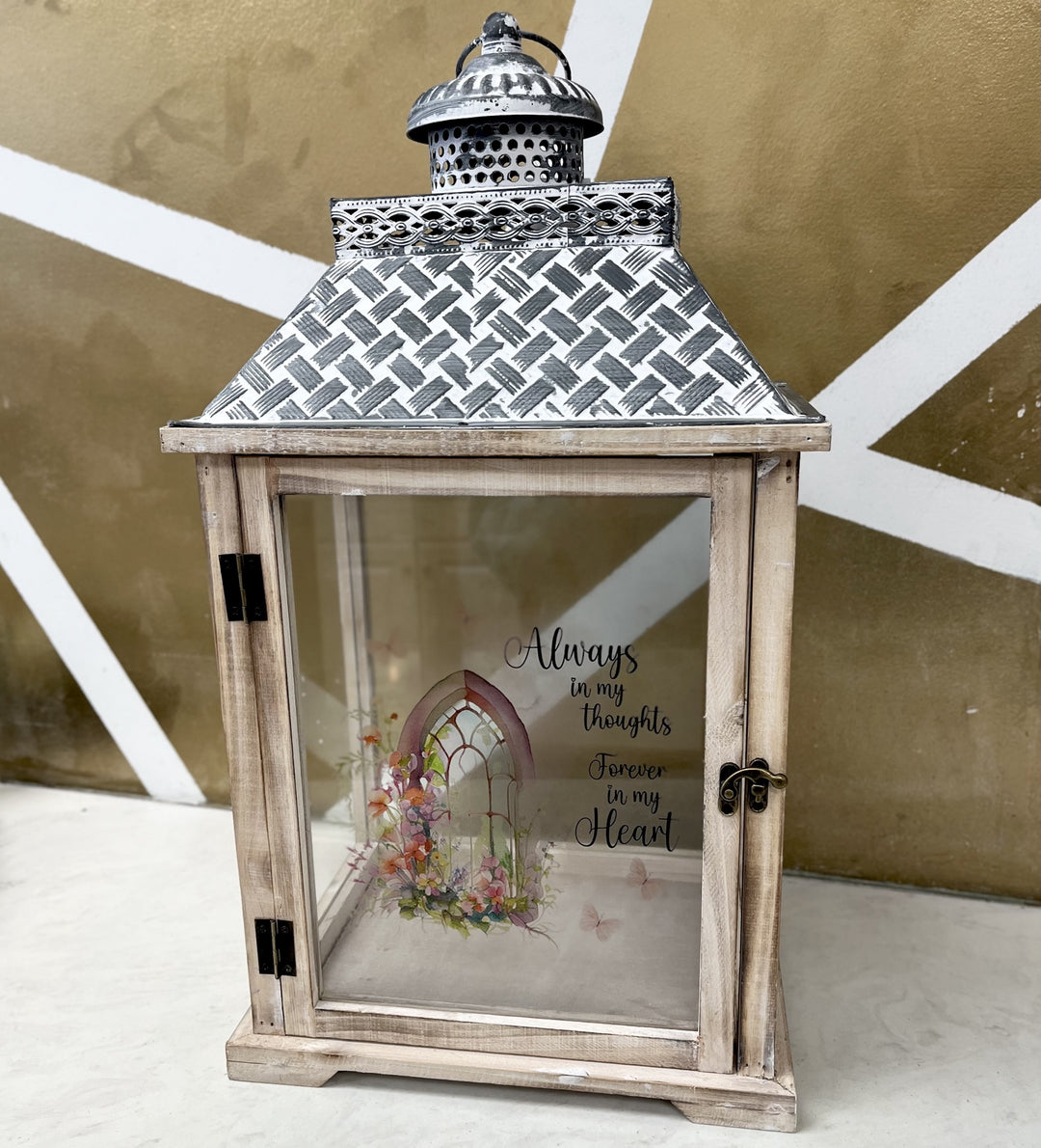 Always in My Thoughts Forever in My Heart" Large Wood and Metal Lantern