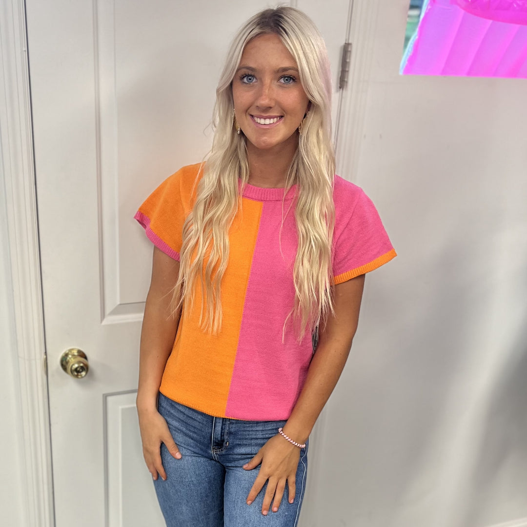 Flamingo Pink and Orange Short Sleeve Lightweight Sweater