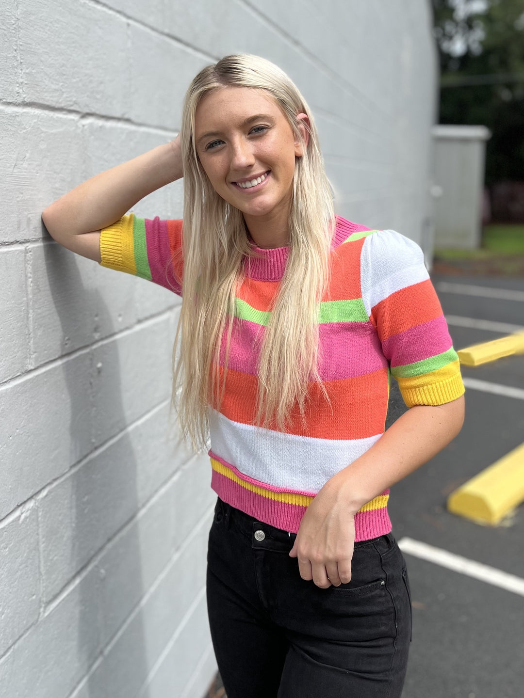 Multicolor Striped Short Sleeve Sweater