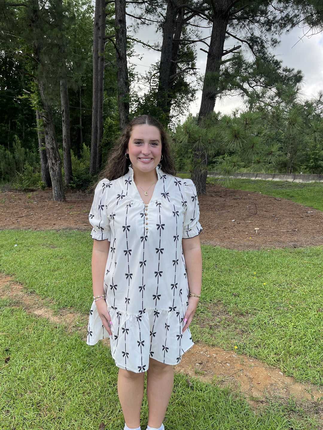 LTX Beige Bowknot Printed Bubble Sleeve V Neck Dress