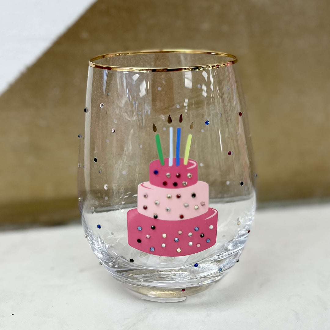 Mary Square Birthday Cake Stemless Wine Glass