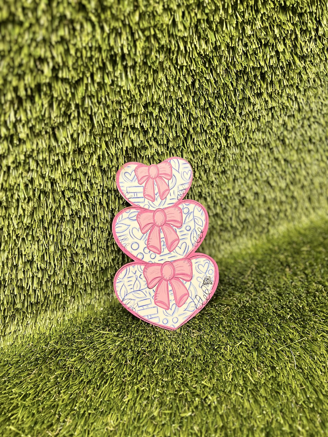 DK Designs Three Stacked Blue and White Hearts with Bows