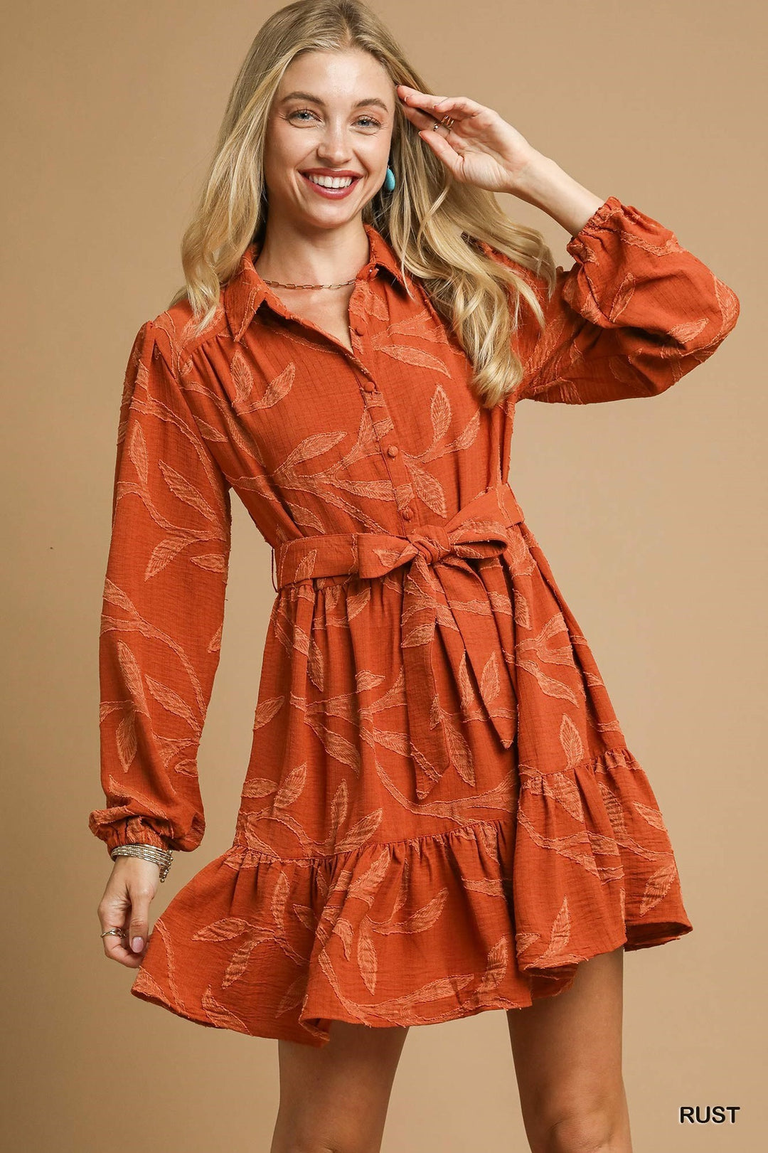 Umgee Rust Jacquard Dress with Tie Waist