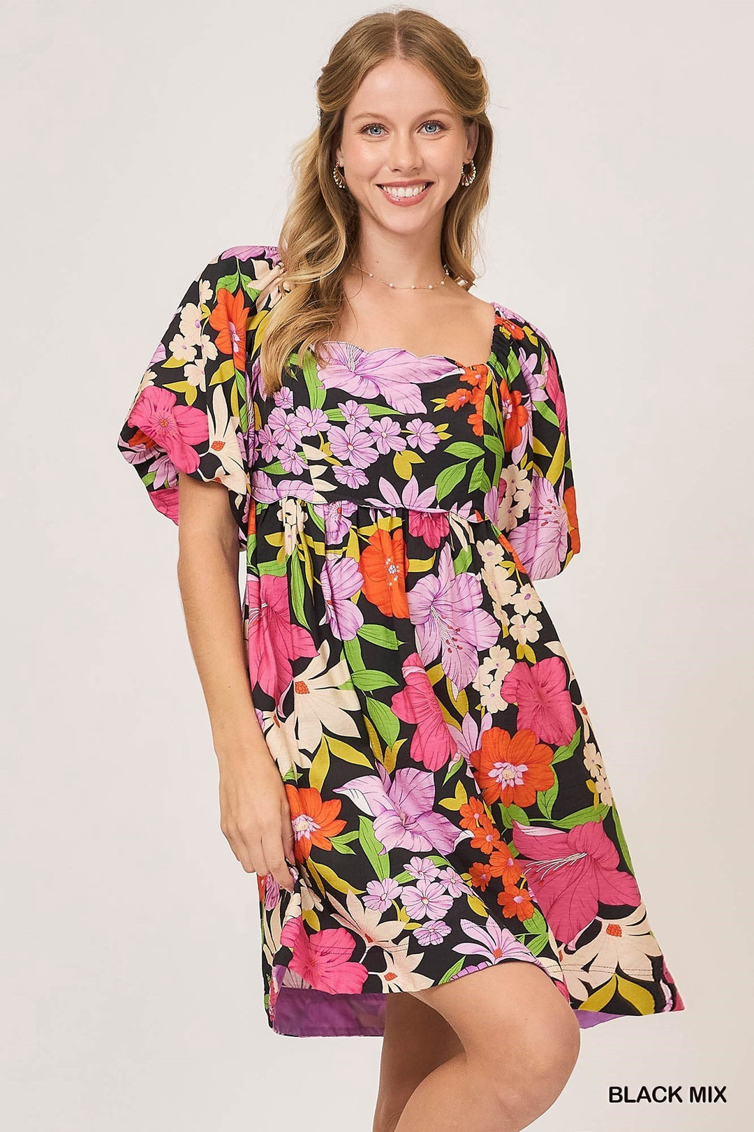 Umgee Black Mix Floral Print Dress with Scalloped Neckline