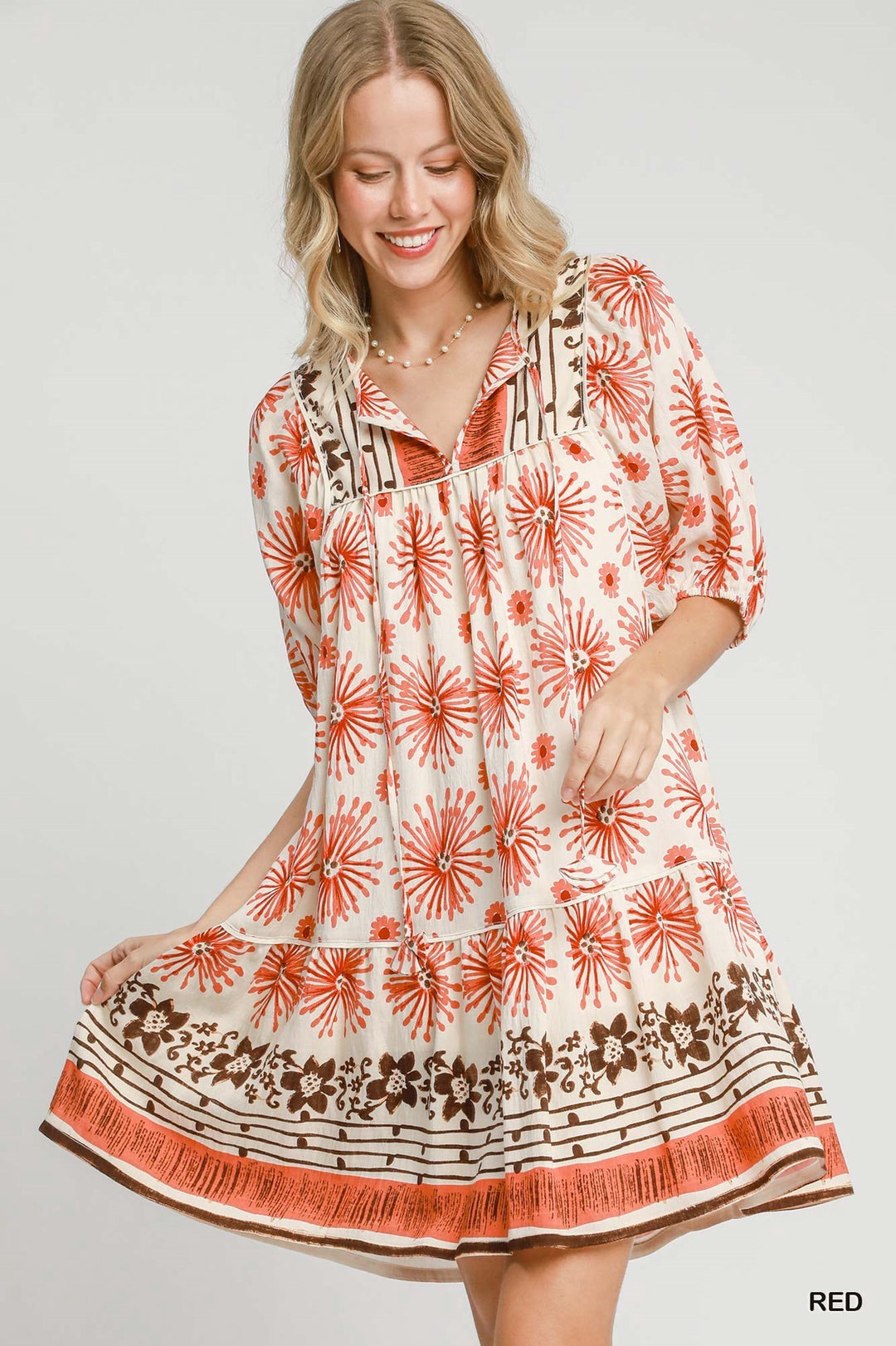 Umgee Red Mixed Border Print Dress