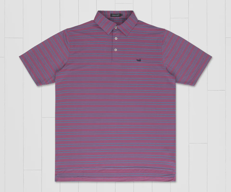 Southern Marsh Bermuda Performance Polo Naples Stripe Blue and Strawberry Fizz