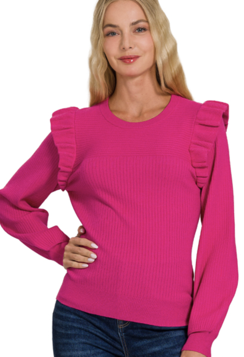 Viscose Ruffle Trim Long Sleeve Sweater
