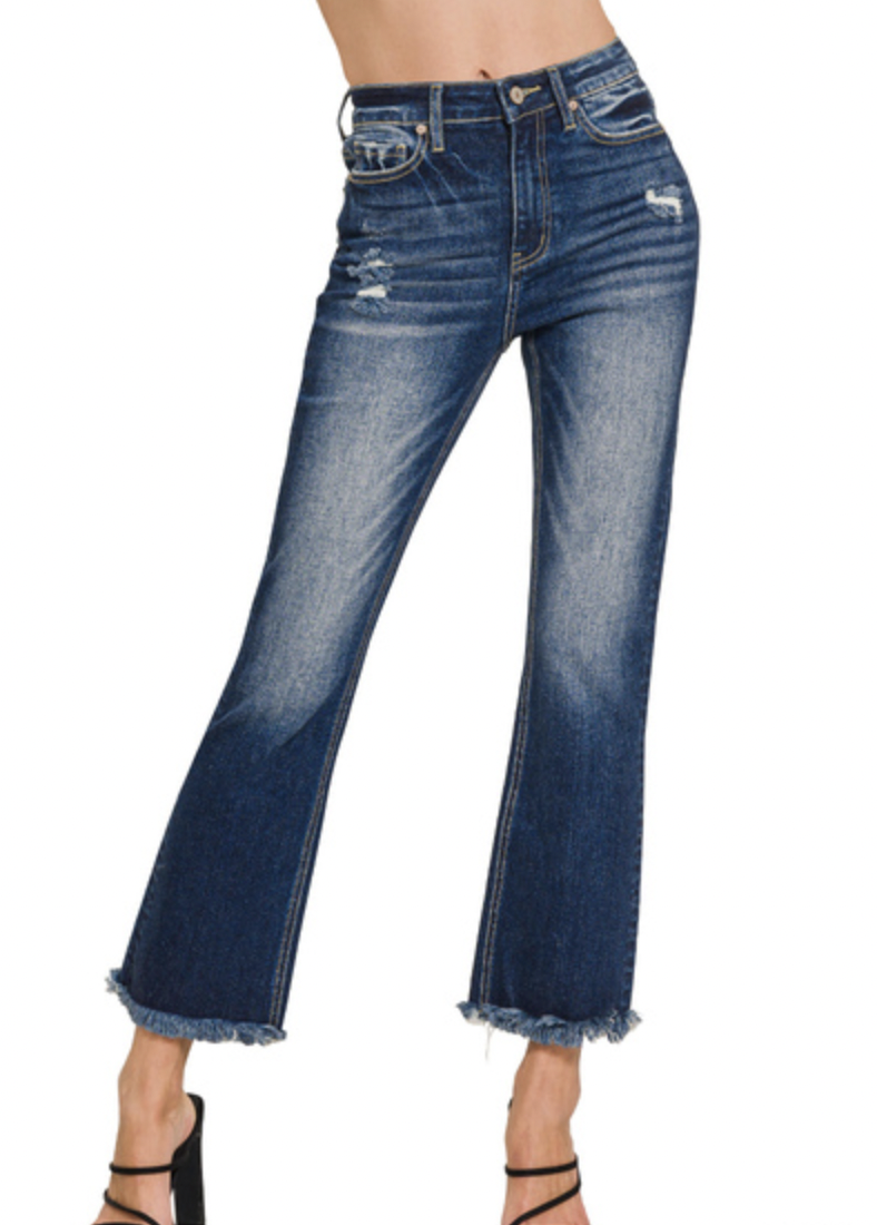 Zenana Dark Denim High Rise Straight Raw Hem Cropped Jeans