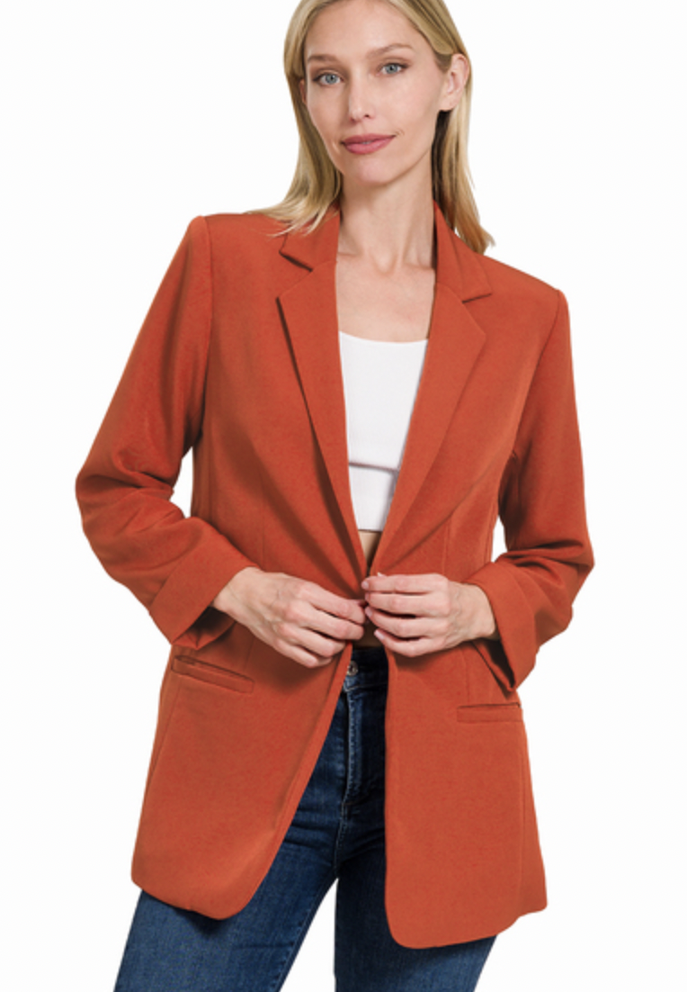 Zenana Rust Woven Long Sleeve Open Front Classic Blazer