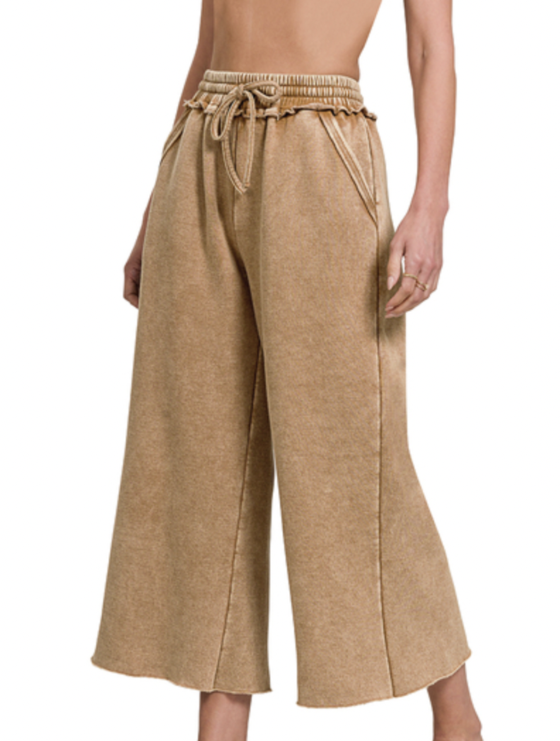 Zenana Deep Camel Acid Wash Fleece Palazzo Sweatpants
