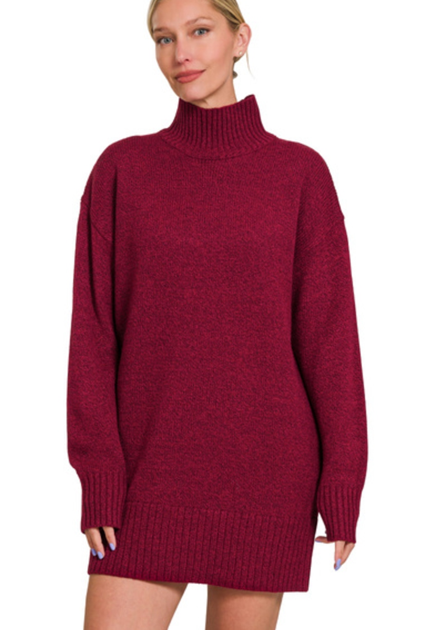 Zenana Cabernet Turtle Neck Long Sleeve Mini Sweater Dress
