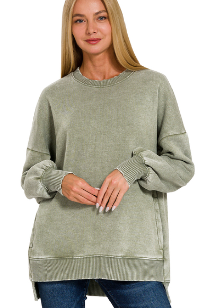 Zenana Light Olive Acid Wash Fleece Hi-Low Hem Pullover