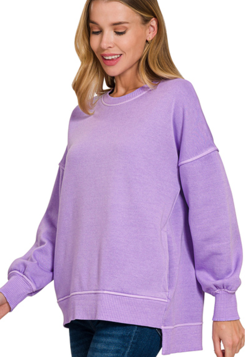 Zenana Lavender Pigment Dye Fleece Hi-Low Hem Pullover