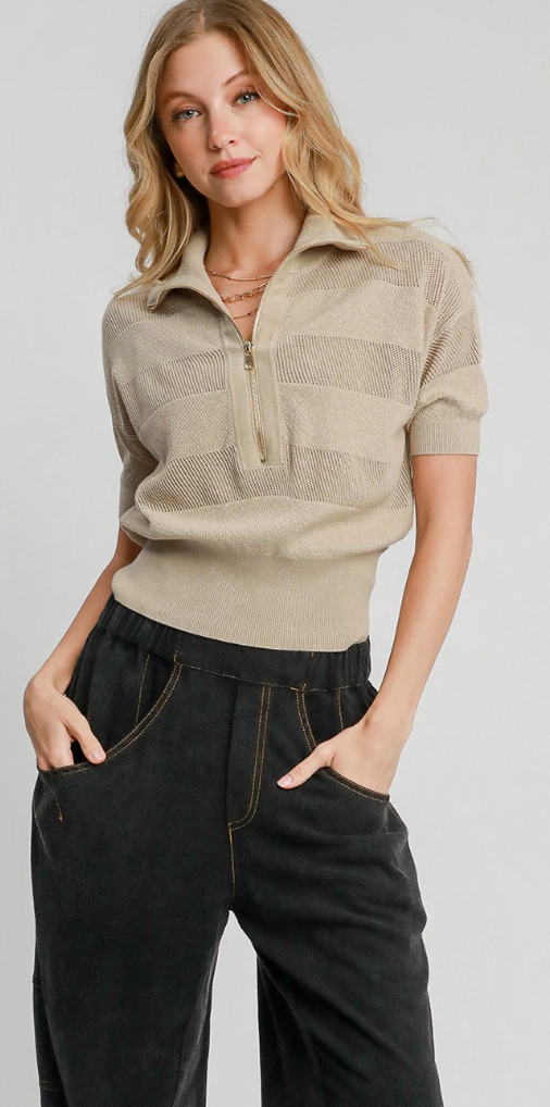 Umgee Taupe  Striped Half Sleeve Sweater Top
