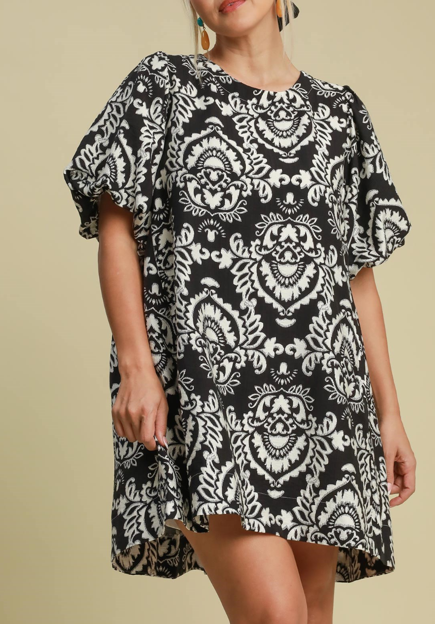 Umgee Black Botanical Print Puff Sleeved Dress