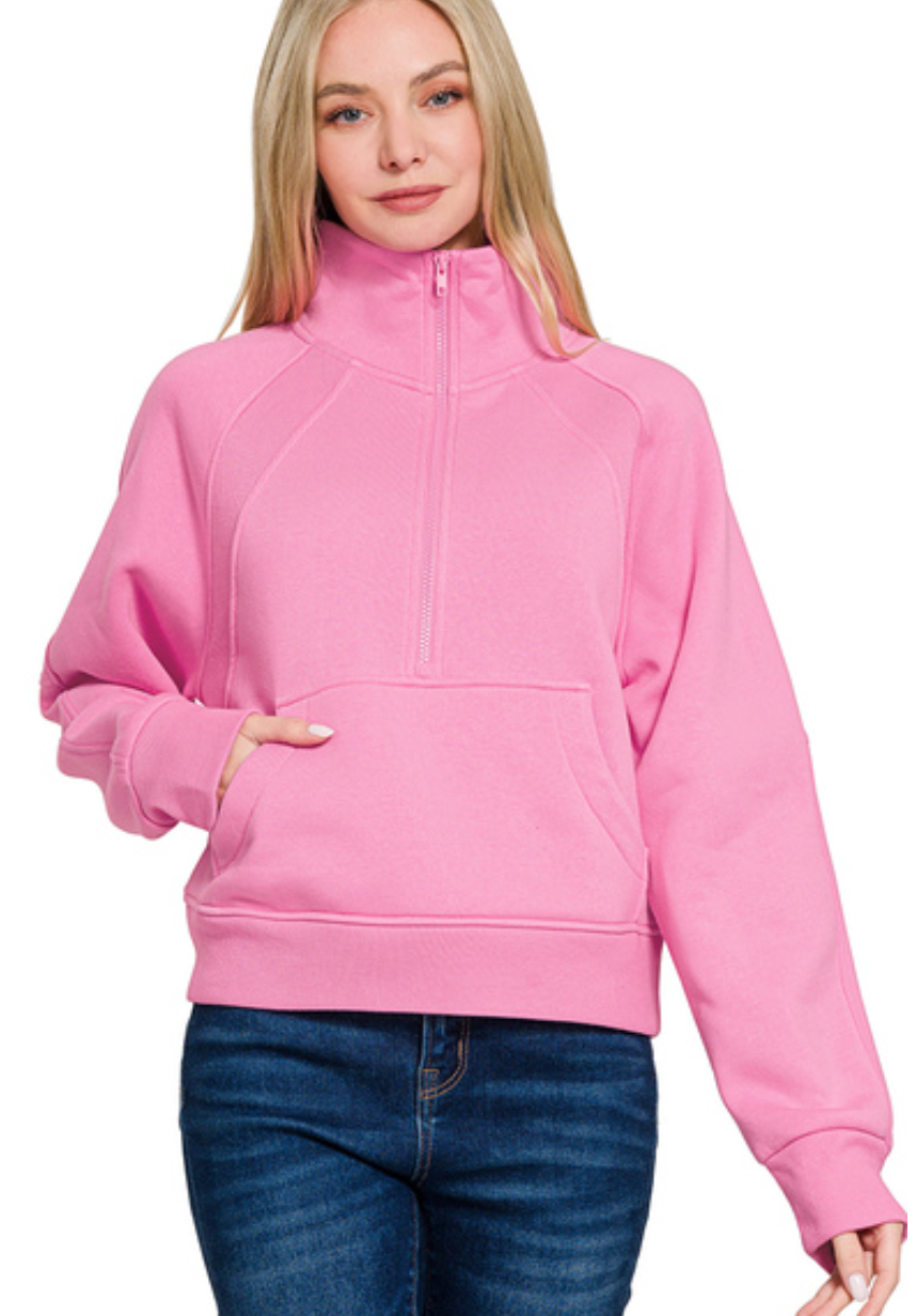 Zenana Fleece Half Zip Kangaroo Pocket Sweatshirts Candy Pink