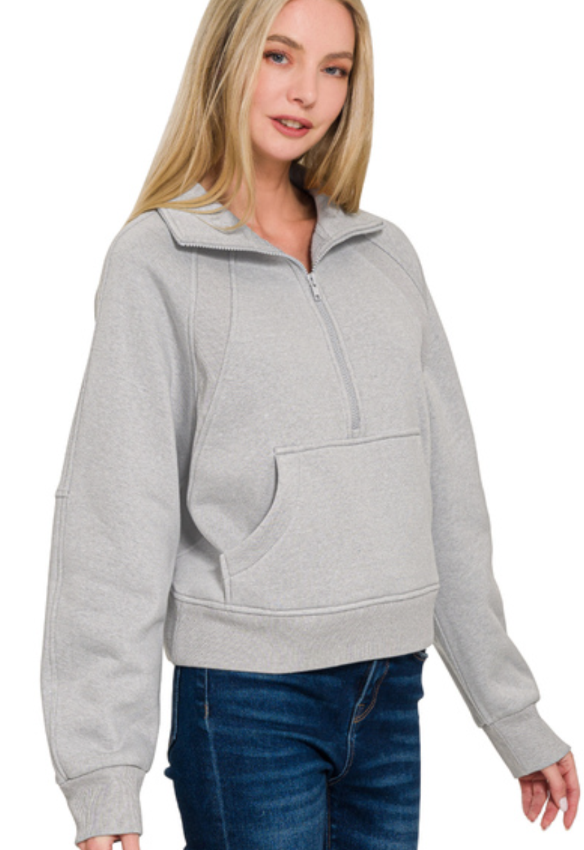 Zenana Fleece Half Zip Kangaroo Pocket Sweatshirts H Grey