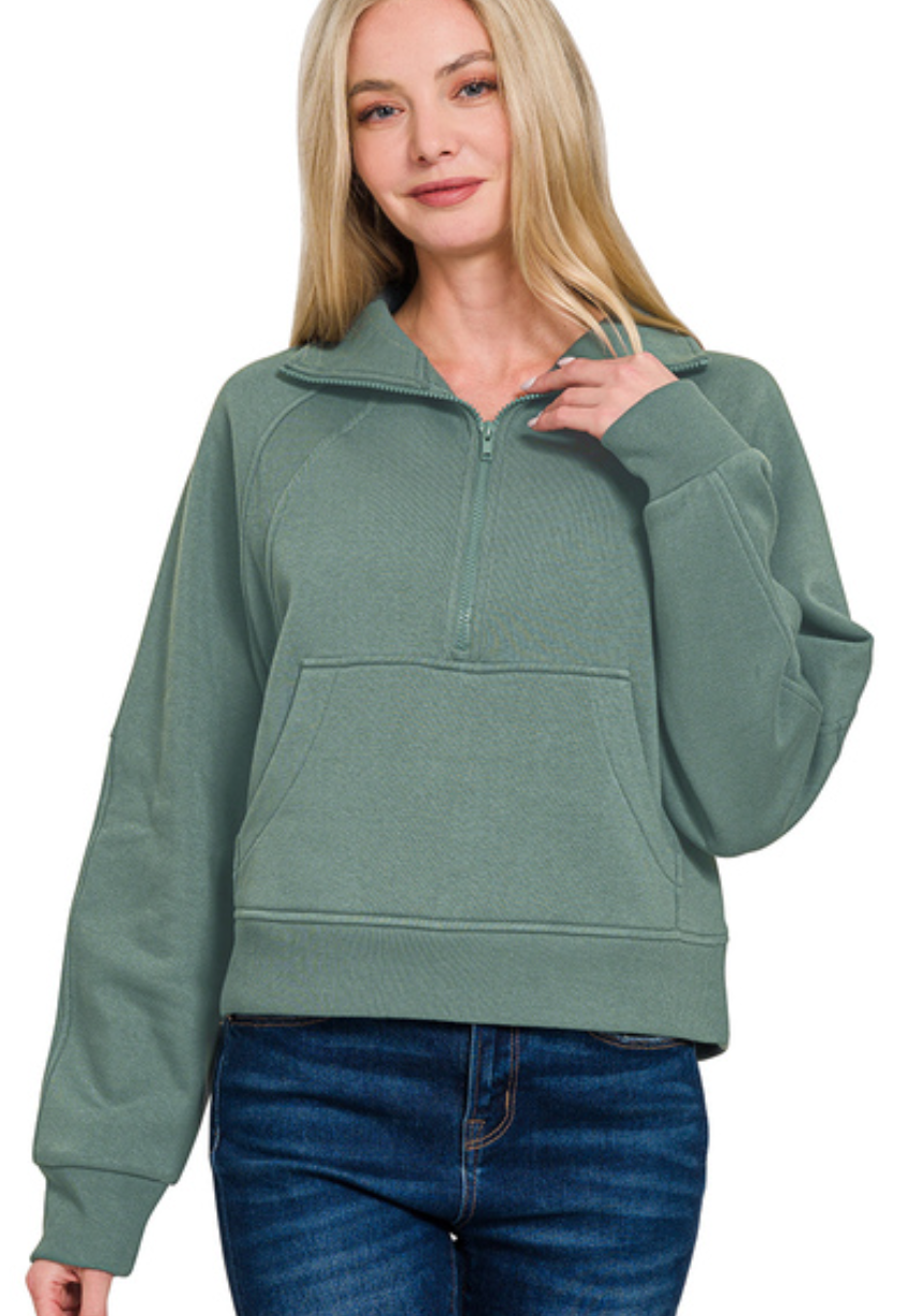 Zenana Fleece Half Zip Kangaroo Pocket Sweatshirts Ash Jade
