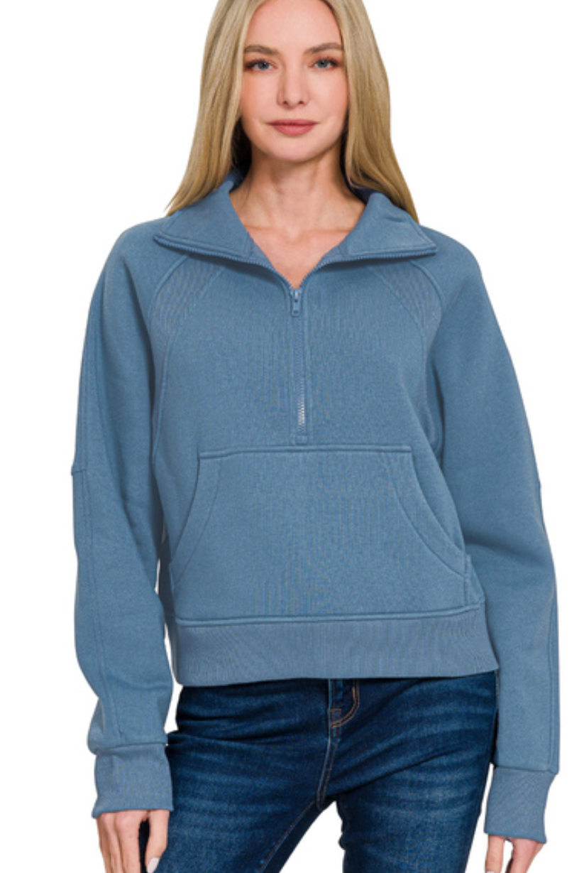 Zenana Fleece Half Zip Kangaroo Pocket Sweatshirts Dusty Blue