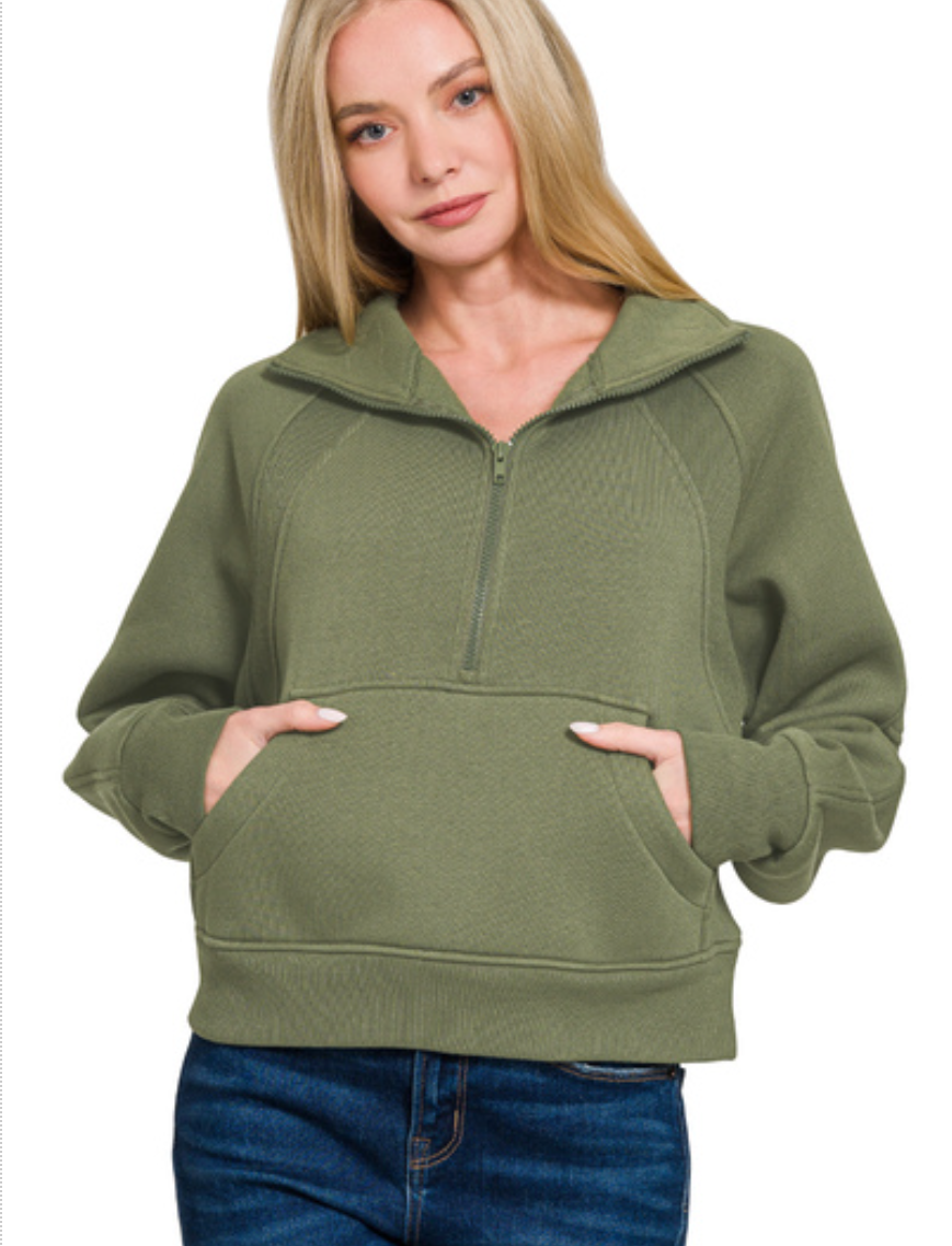 Zenana Fleece Half Zip Kangaroo Pocket Sweatshirts LT Olive