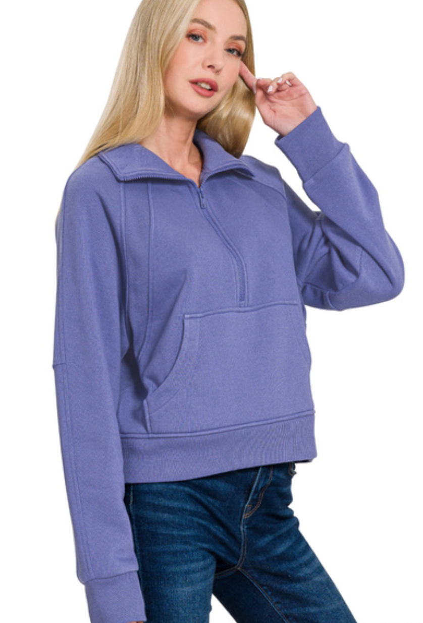 Zenana Fleece Half Zip Kangaroo Pocket Sweatshirts Marlin