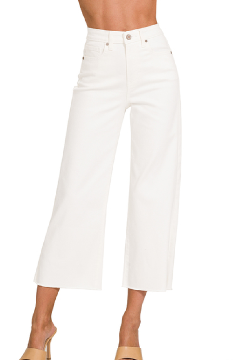 Zenana High Rise Wide Leg Cropped White Denim Pants