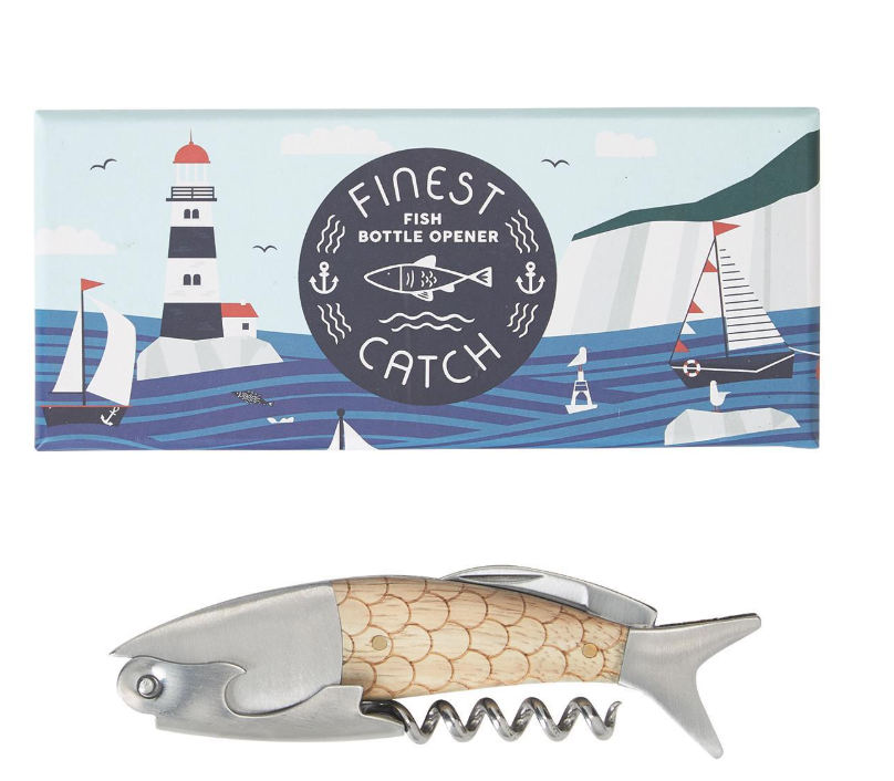 Two's Company The Finest Catch 3-in-1 Fish Bottle Tool Opener in Gift Box Includes: Bottle Opener, Corkscrew, Knife - Rubber Wood/Stainless Steel