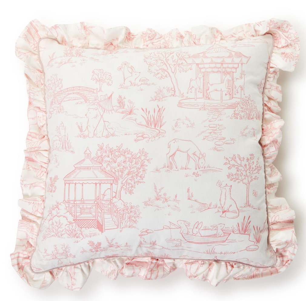 Two's Company Pink Baby Animal Toile Decorative Pillow with Ruffle and Pipping Details and Zipper Closure Cotton/Polyester Fill