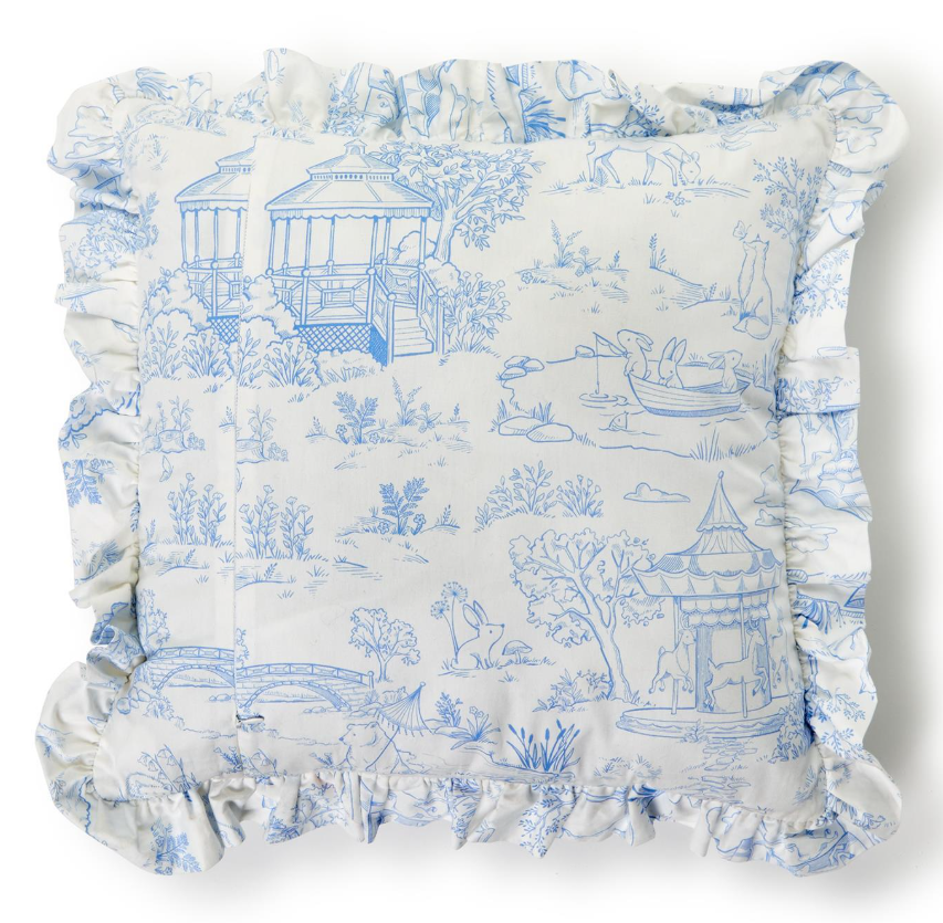 Two's Company Blue Baby Animal Toile Decorative Pillow with Ruffle and Pipping Details and Zipper Closure Cotton/Polyester Fill