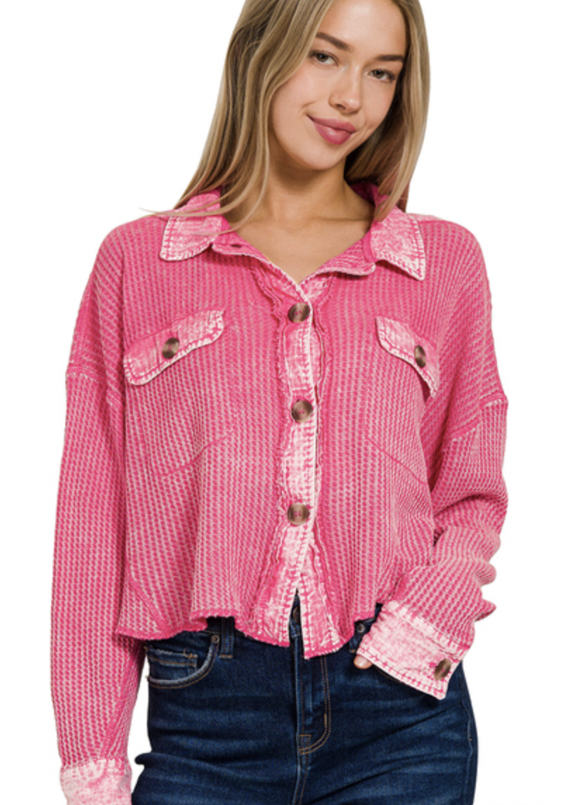 Zenana Fuchsia Acid Wash Oversize Cotton Waffle Knit Shacket