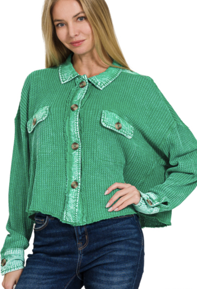 Zenana Kelly Green Acid Wash Oversize Cotton Waffle Knit Shacket