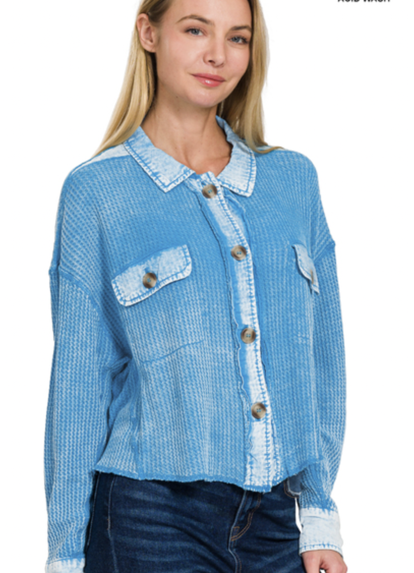 Zenana Deep Sky Blue Acid Wash Oversize Cotton Waffle Knit Shacket