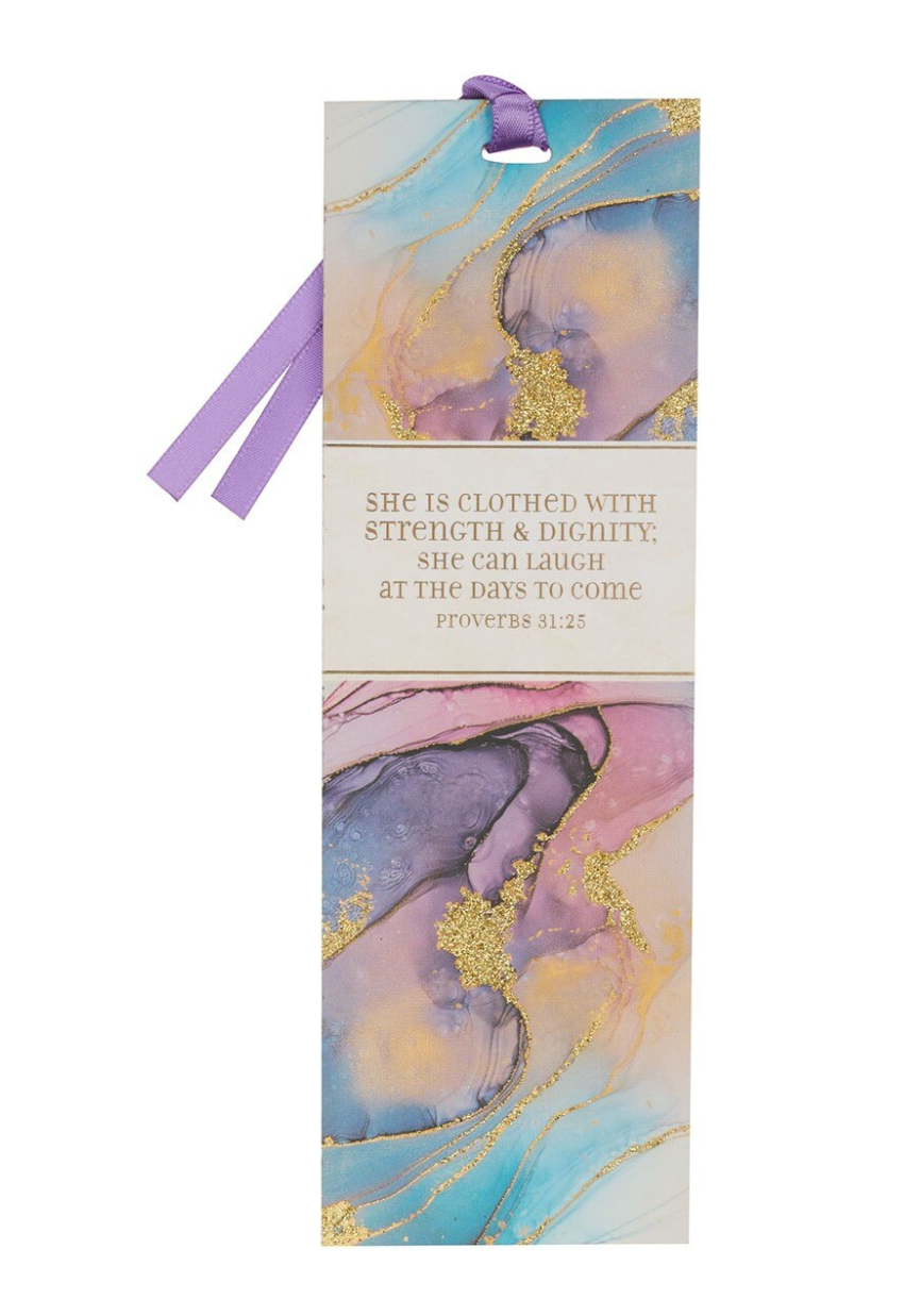 Christian Art Strength & Dignity Purple Marbled Premium Bookmark - Proverbs 31:25