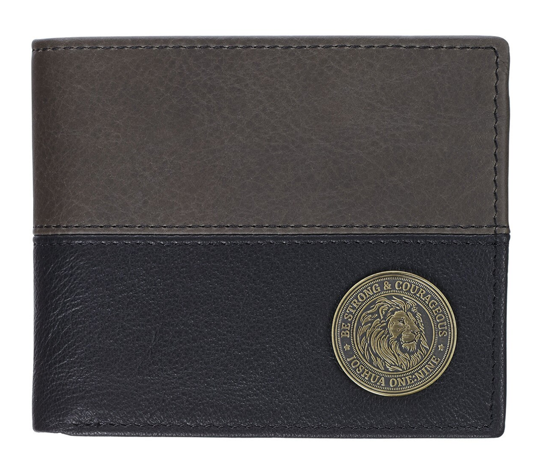Christian Art Strong and Courageous Black and Brown Full Grain Leather Wallet with Metal Badge - Joshua 1:9