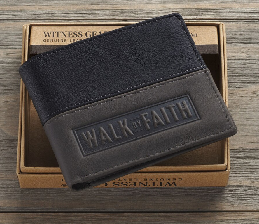 Christian Art Walk by Faith Black and Gray Full Grain Leather Wallet - 2 Corinthians 5:7