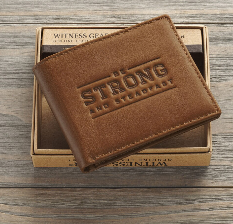 Christian Art Be Strong and Steadfast Chestnut Brown Full Grain Leather Wallet - Deuteronomy 31:6
