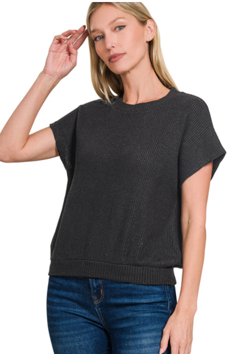Zenana Round Neck Banded Botton Short Sleeve Sweater- Black