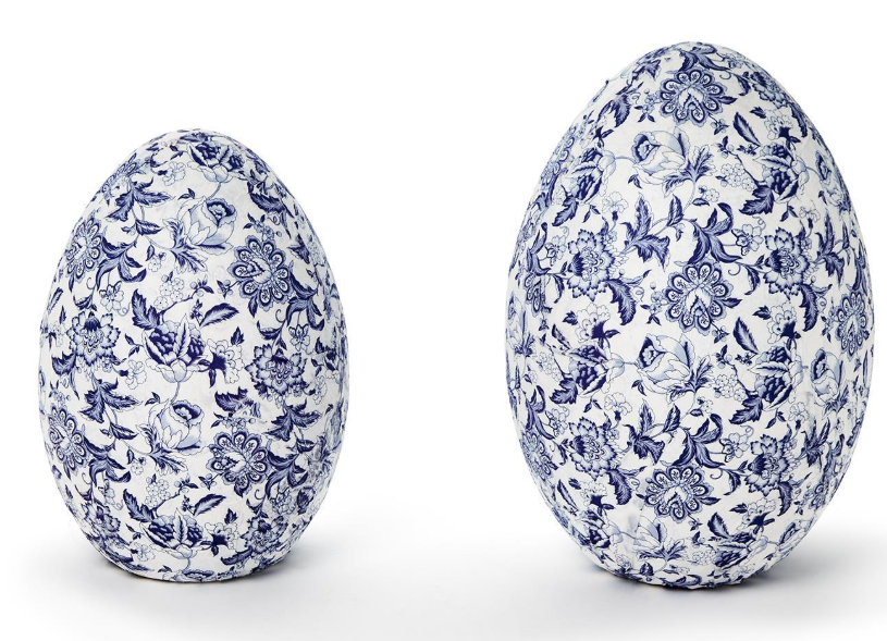 Two's Company Blue and White Floral Hand-Crafted Paper Mache Eggs