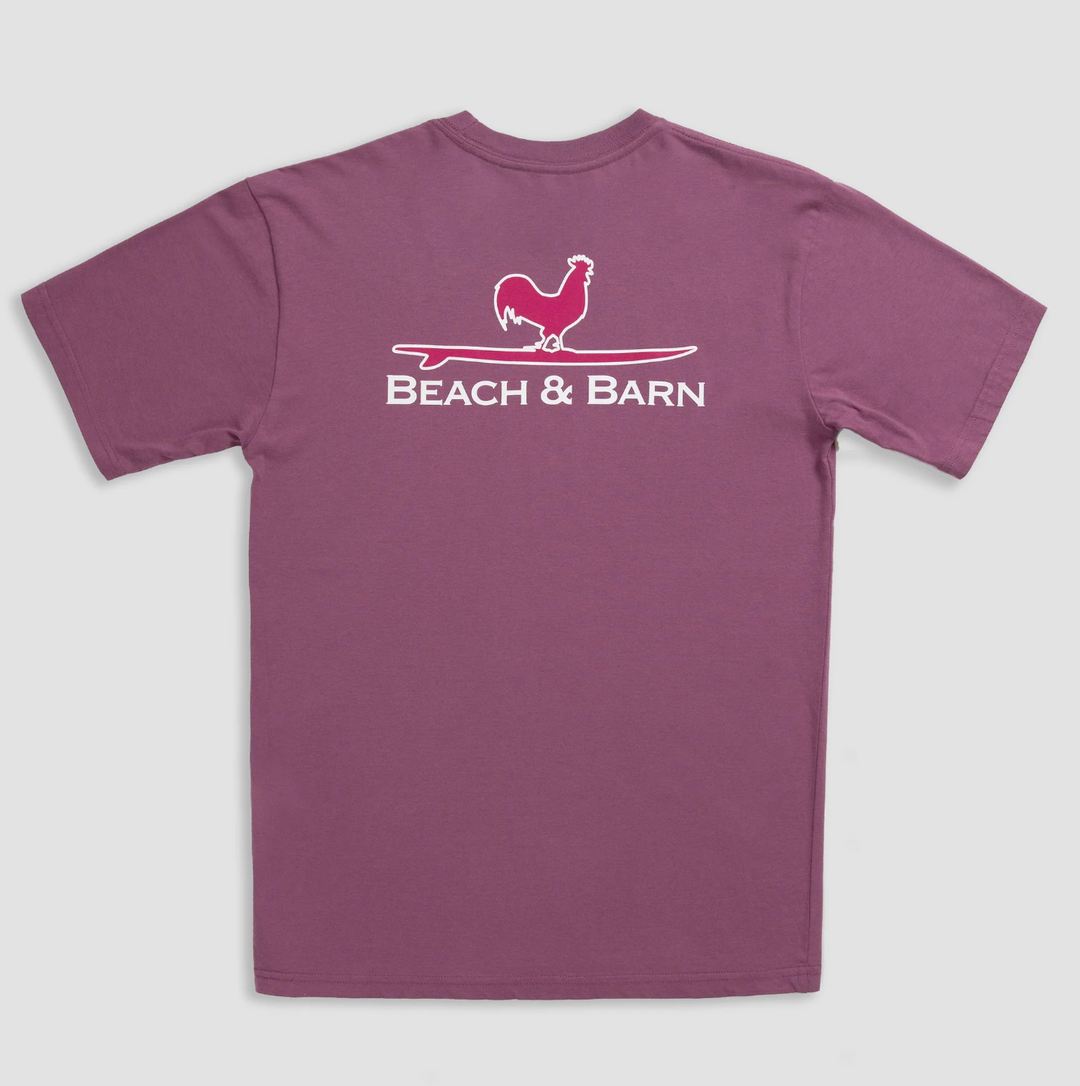 Beach and Barn Surfing Rooster Tee Shirt- Berry