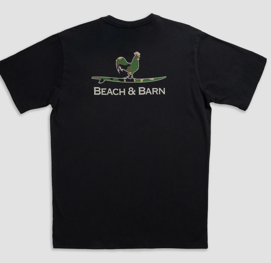 Beach and Barn Camo Surfing Rooster Tee Shirt- Black